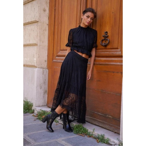 Black Lace Midi Ho Low Tiered Skirt Chokolate Paris Sz L‎ - Picture 11 of 11